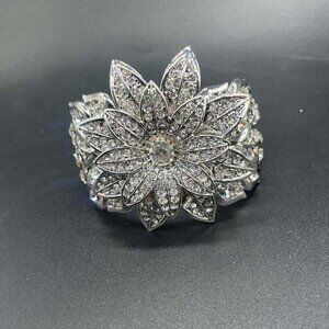 NWOB Floral Rhinestone Silver Tone Hinged Cuff Bracelet